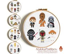 star wars cross stitch pattern in hoop with four different characters on each side and the other half