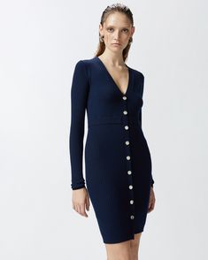 Mini dress in ribbed knit stretch wool fabric. Slim-fitting piece with V-neck, long sleeves and metal buttons customised with the Love Birds logo on the front. Birds Logo, Calf Length Skirts, Casual Blazer, Mid Dresses, Knit Midi, Mid Length Dresses, Trendy Clothes For Women, Knit Midi Dress, Dark Navy Blue