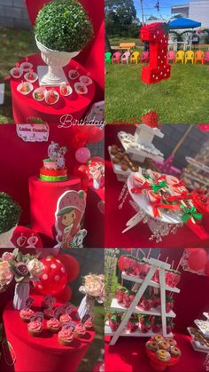 the table is full of cupcakes and desserts for children's birthday