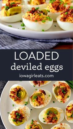 deviled eggs on a white plate with green onions