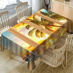 the table is covered with an image of palm trees