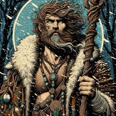 an illustration of a man with long hair and beard holding a staff in the snow