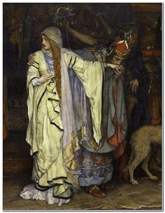 a painting of a woman with long hair standing next to a dog in a room