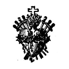 a black and white drawing of a heart with cross on it, surrounded by bones