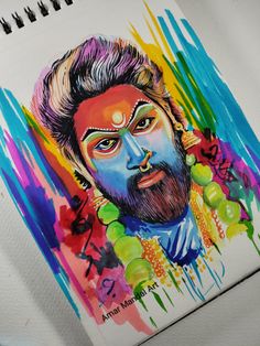 a drawing of a man with colorful paint on his face and beard, in front of a white background