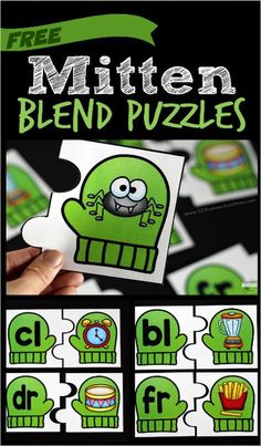 a hand holding up a green puzzle piece with the words, mitten blend puzzles