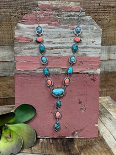 Make a statement with the Wilson Lariat Style Necklace! Lariat Style Necklace with Stone Conchos 24" long with a 3" extender The tail hangs 3.5" long Available in Turquoise or Multi-Color(Turquoise and Coral) Western Statement Necklace, Turquoise Necklace Diy, Wedding Ring With Turquoise, Turquoise Cowgirl, Turquoise Jewelry Outfit, Real Turquoise Jewelry, Western Fashion Jewelry, Necklace With Stone, Handmade Turquoise Jewelry