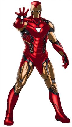 an iron man standing with his hands up in front of him and wearing a red suit