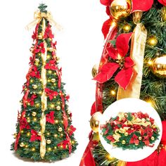 a christmas tree decorated with red and gold ribbons, bells and bows is next to a white background