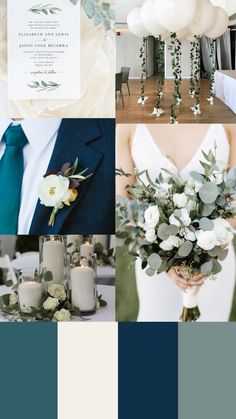 a collage of photos with white flowers and greenery on them, including an elegant wedding bouquet