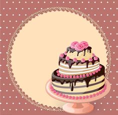 a three layer cake with pink roses on top and white polka dots around the edges