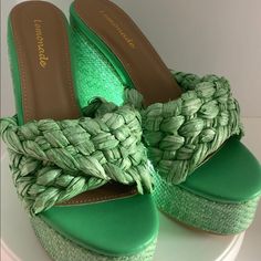 Brand New Wicker Wedge Casual Green Wedge Sandals For Spring, Trendy Green Wedge Sandals For Spring, Green Wedge Sandals For Beach, Summer Green Wedge Sandals For Vacation, Green Summer Wedge Sandals With Platform, Trendy Green Wedge Sandals For Vacation, Ribbon Slides, Womens Shoes Wedges, Slip On Sandal