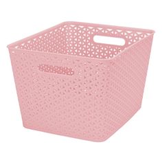 a pink plastic basket with holes on the sides and handles, sitting against a white background