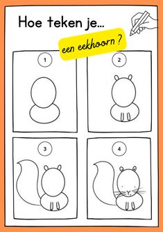 an orange sheet with instructions to learn how to draw a cartoon squirrel in four different ways