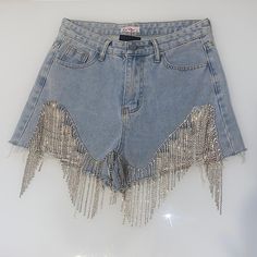 Nwt Light Wash Jean Shorts With Bling Size Small, Could Also Fit S/M Bought From A Boutique That No Longer Exists These Shorts Were Featured In A Megan Thee Stallion Music Video In Absolute Perfect Condition & Sold Out No Damages, Tried On Once But Never Worn Out They Fit My Butt But They’re Too Loose On My Waist Perfect For Someone Who Has More Curves On Their Waist They Were About $85 With Taxes Included Pics With And Without Flash, Flash Makes Them Extra Blingy See Pictures For Measurements P Trendy High Waist Silver Bottoms, Trendy High-waist Silver Bottoms, Silver High Waist Shorts For Summer, Silver High-waist Shorts For Summer, Silver Short Bottoms For Night Out, Silver Bottoms For Night Out, Short Length, Silver Short Length Bottoms For Night Out, Glamorous Summer Denim Bottoms, Silver Shorts For Summer Party