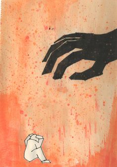 a drawing of two hands touching each other over a piece of paper that has been colored orange and black