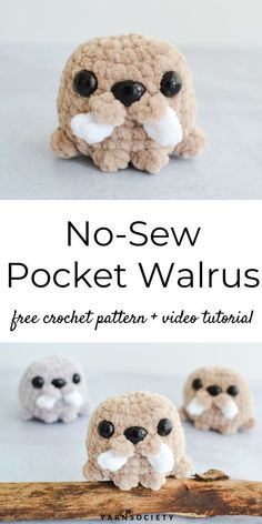 crocheted stuffed walrus is shown with the text, no - sew pocket walrus free crochet pattern and video tutor