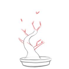 a drawing of a tree in a pot with red leaves coming out of the top