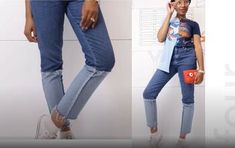 two pictures of a woman in jeans and heels, one with her hand on her head