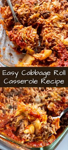 an easy cabbage roll casserole recipe in a glass dish