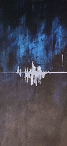 an abstract painting with white lines and blue sky in the background on a black wall