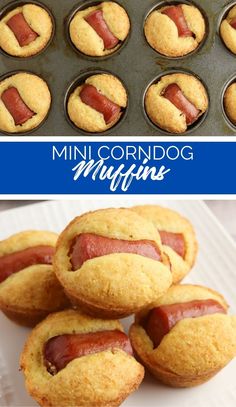 mini corn dog muffins in a muffin tin with the title above it