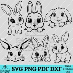 the svg bunny clipart set includes four cute bunnies and three different rabbits