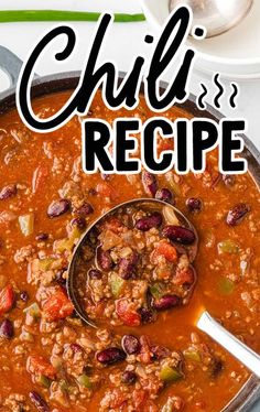 chili recipe in a skillet with the title overlay reads chili and rice soup