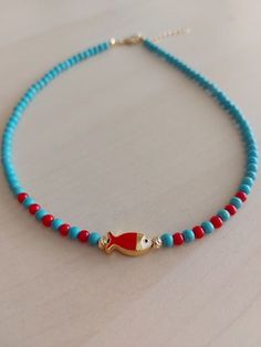 Turquoise and red coral necklace, Enamel fish necklace, turquoise jewelry, red coral jewelry, fish jewelry, friendship necklace, bff gift Handmade Turquoise And Red Coral Necklace As Gift, Handmade Turquoise Necklace With Red Coral For Gift, Colorful Beads Red Coral Necklace Gift, Red Coral Necklace With Lobster Clasp As Gift, Red Coral Necklace With Lobster Clasp For Gift, Handmade Turquoise Necklace With Red Coral, Handmade Red Turquoise Necklace As Gift, Blue Red Coral Jewelry As Gift, Blue Jewelry With Red Coral As A Gift