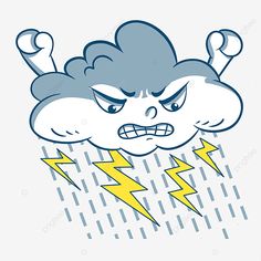 an angry cloud with lightnings and rain drops, cartoon, illustration png and psd