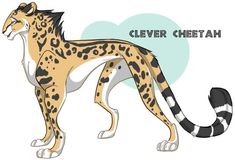 a cheetah is standing in front of a white background with the words clever cheetah on it