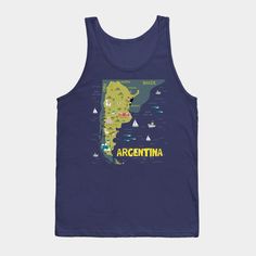 Map with must see illustrations in Argentina -- Choose from our vast selection of tank tops to match with your favorite design to make the perfect custom graphic tank top. Customize your color! Perfect for working out or casual wear for men and women. Tank Top Designs, Illustrated Map, Casual Wear For Men, Graphic Tank Top, The Selection, Map, Tank Tops, Mens Tops, Color