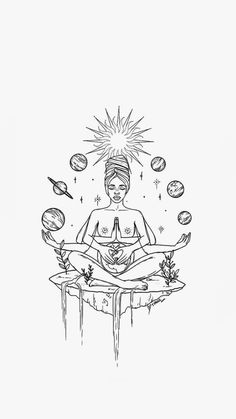 a drawing of a woman meditating in front of the sun and planets above her head