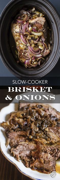 slow cooker beef steak and onions in the crock pot with text overlay