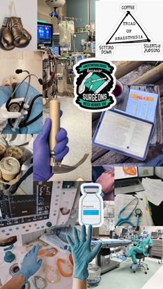 collage of images with various medical items and equipment in them, including scissors, gloves, an open book