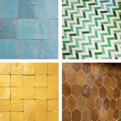 four different types of tiles in various colors and patterns on the wall, including blue, yellow, green, and brown