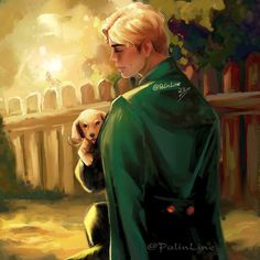 a painting of a boy holding a dog in his arms and looking at the fence