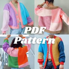 three different colored knitted sweaters with text overlay that reads, free pattern