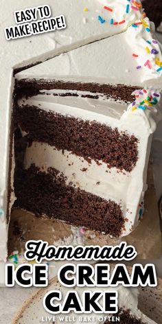 homemade ice cream cake with chocolate frosting and sprinkles on the top