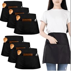 the woman is wearing an apron with wooden spoons in her pocket and four other pockets