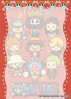 the one piece party poster is shown in red and white, with cartoon characters on it