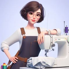 a woman with glasses is sewing on a sewing machine