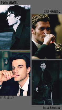 four different pictures of men in suits and ties, one with a trumpet to his mouth