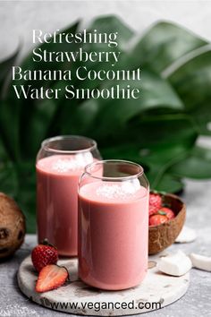 two glasses of strawberry banana coconut water smoothie