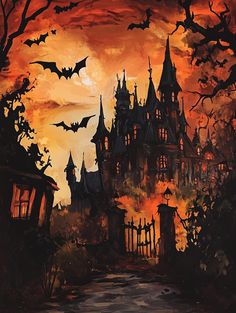 a painting of a castle with bats flying over it at night in the background is an orange sky