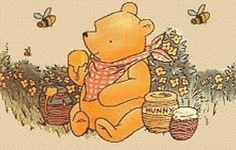 a drawing of a winnie the pooh bear sitting in front of honey jars and bees