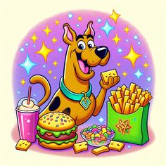 a cartoon dog sitting at a table with food