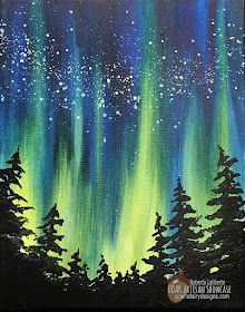 an acrylic painting of the night sky with green and blue aurora bores