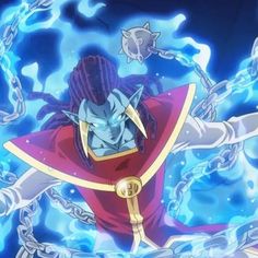 an anime character is surrounded by chains and other things in the background with blue light