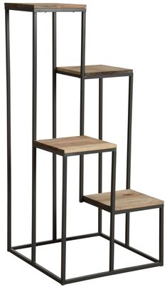 three tiered metal and wood shelfs